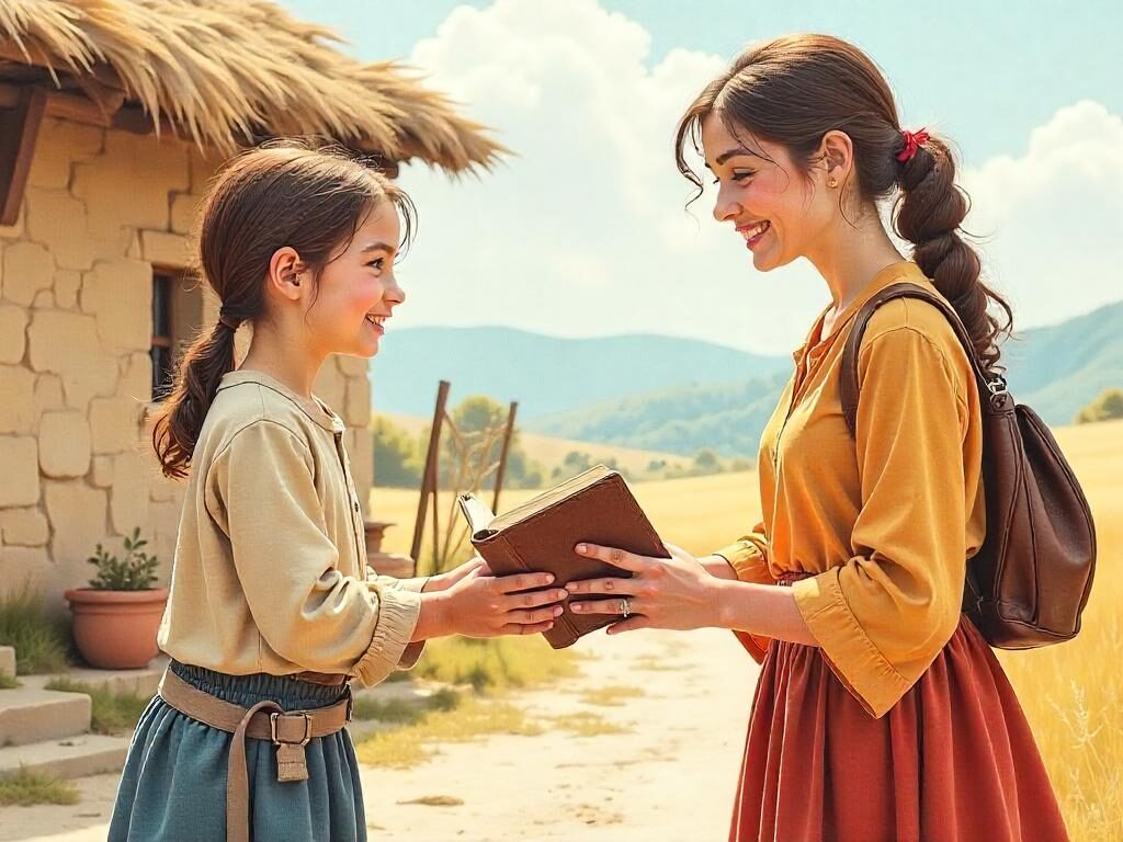 Treasures in Heaven: A watercolor illustration of Sarah, a young woman, joyfully handing a book to a child in a distant village setting, with gentle, warm colors depicting a sense of fulfillment and connection.