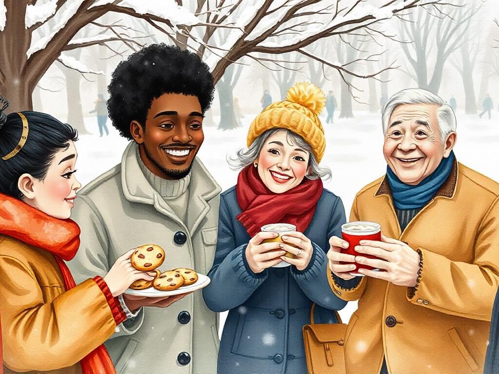 Treasures in heaven: A watercolor illustration of a community gathering, where people are serving food, sharing smiles, and helping each other, showing the joyful connections built through generosity.