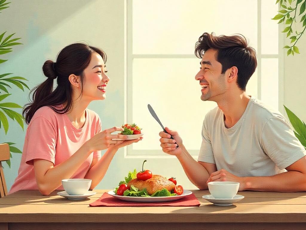 Treasures in Heaven: An illustration of two friends laughing and sharing a meal, painted in gentle watercolor tones to highlight the warmth and joy of investing in meaningful relationships.