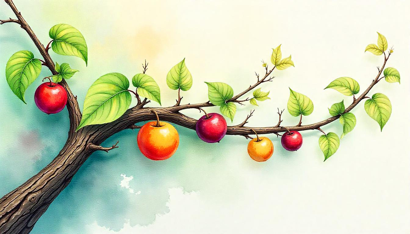 Watercolor illustration of a vine with branches bearing fruit symbolizing love, joy, and peace.