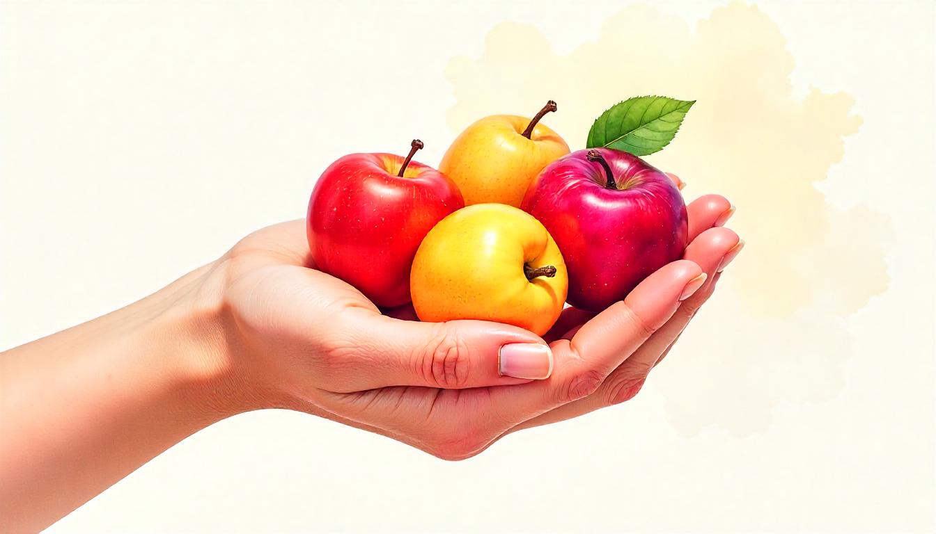 Hand holding vibrant fruits representing love, patience, and self-control - watercolor style.