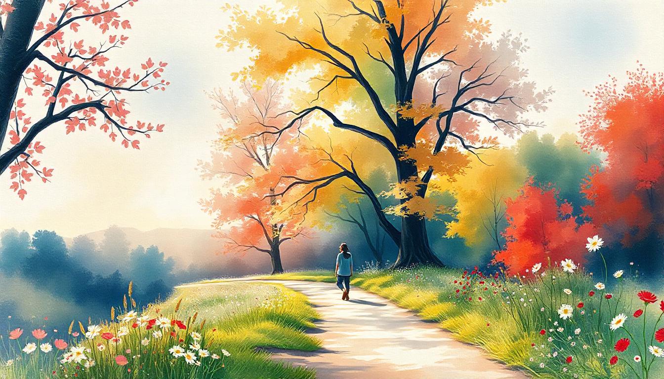 Person walking along a path with trees and flowers, symbolizing inner peace and transformation - watercolor style.